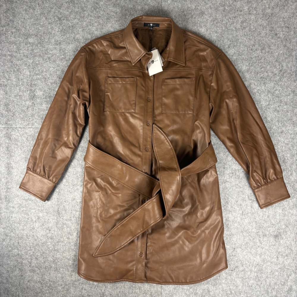 for all mankind Womens Brown Faux Leather Shirt Dress Belted Size L
